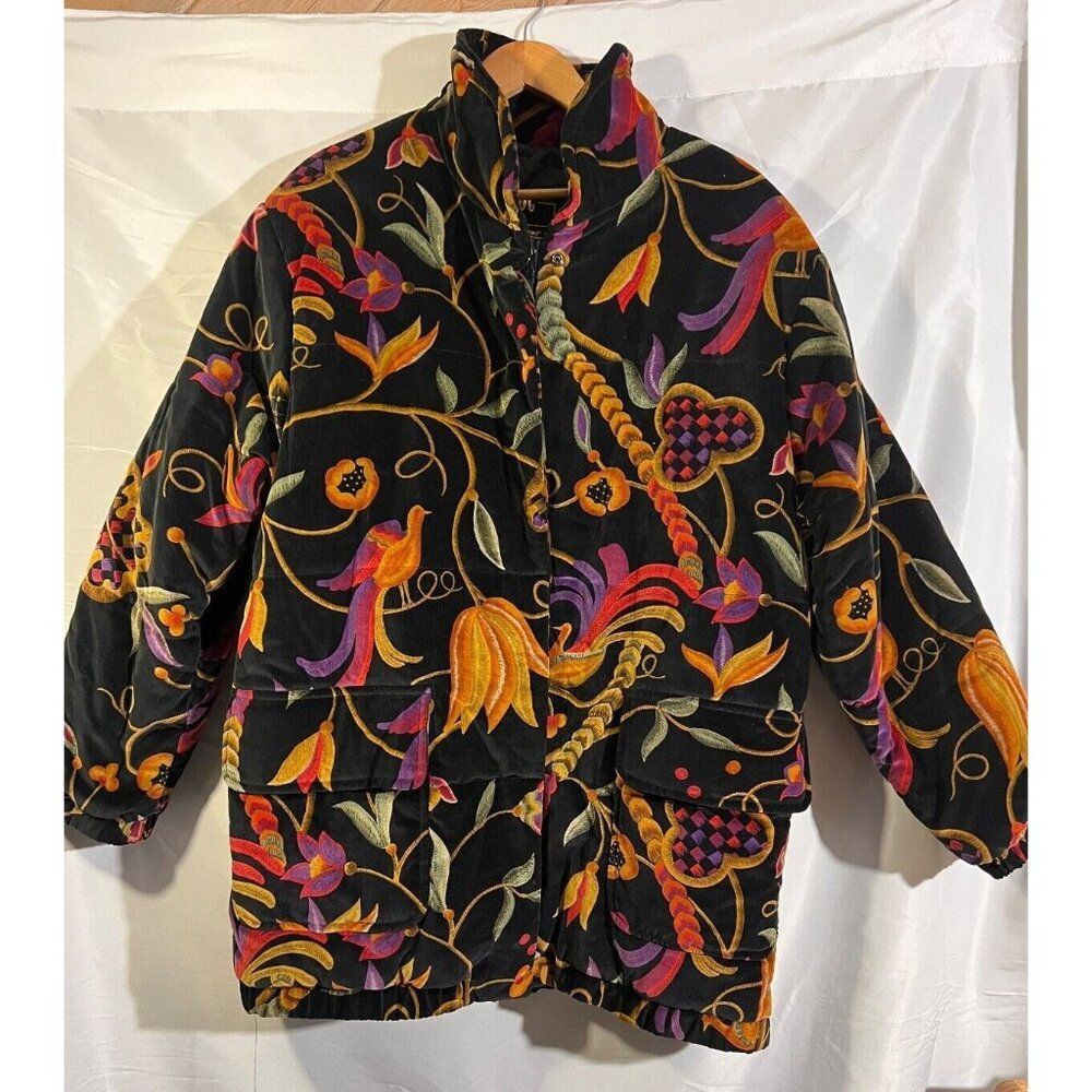 London Fog Vtg Puffer Jacket Coat Large Velvet Floral Padded Bird Pockets E16